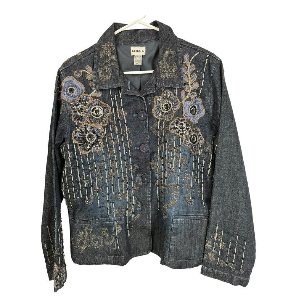Chico’s embroidered and sequin denim‎ jacket, size 2